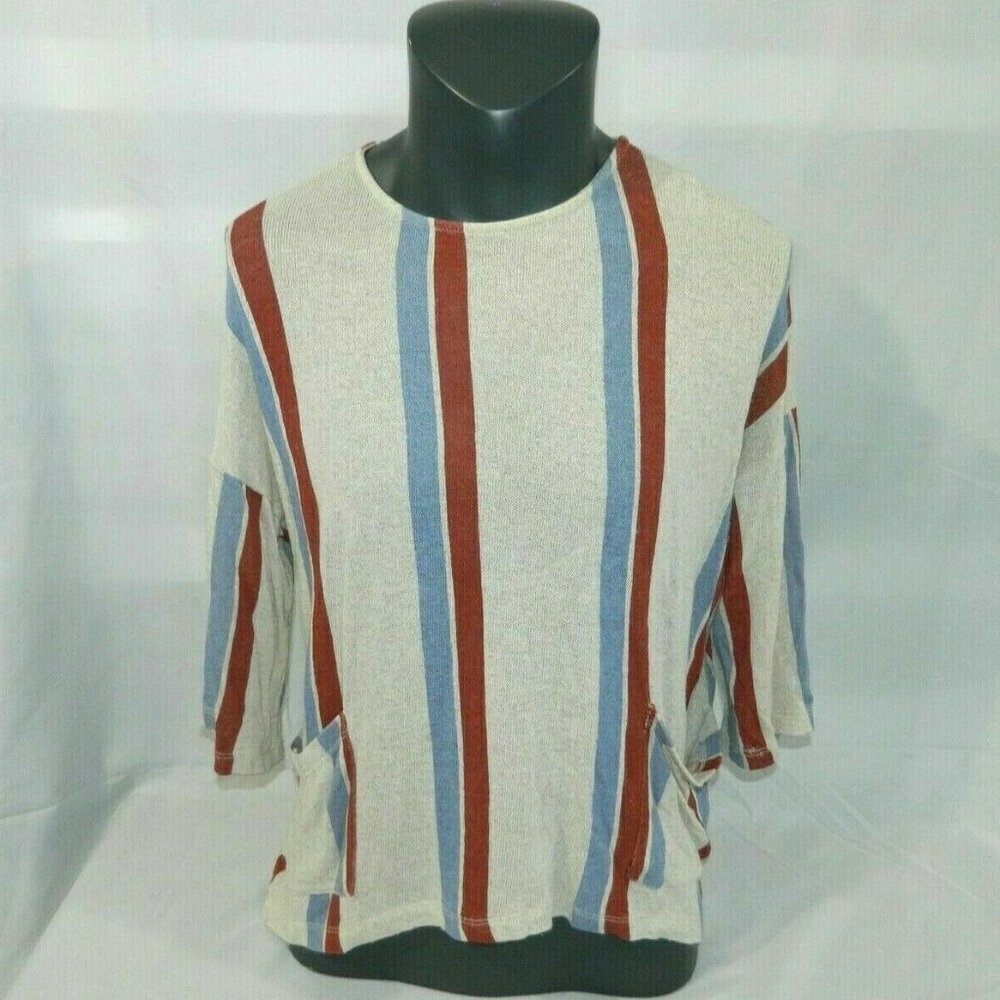 Zara  Trafaluc 3/4 Sleeve Striped Pullover knit top boho Womens M Tan Rust Blue